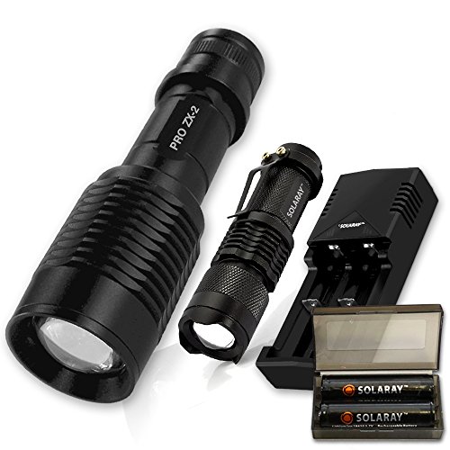 Brightest Flashlight reviewed - SOLARAY PRO ZX-2 Professional Series Flashlight Kit - Bright Tactical LED Flashlight (rechargeable) max 1200 Lumens, 5 Modes, Zoom Lens with Zoomable Focus, Water Resistant