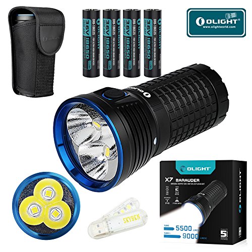 Brightest Flashlight reviewed - Olight X7 Marauder CREE XHP 70 LED 9000 Lumens Flashlight Cool White Light With 3500mAh 18650 Rechargeable Batteries and Skyben USB Light